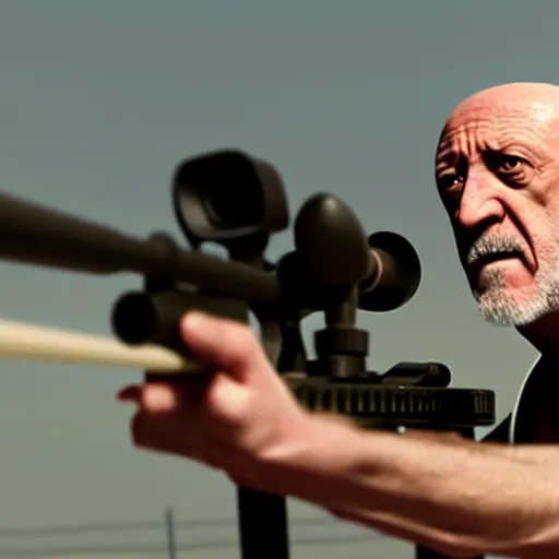 Image similar to Film still of Mike Ehrmantraut aiming with a sniper rifle on a rooftop, 4k, highly detailed