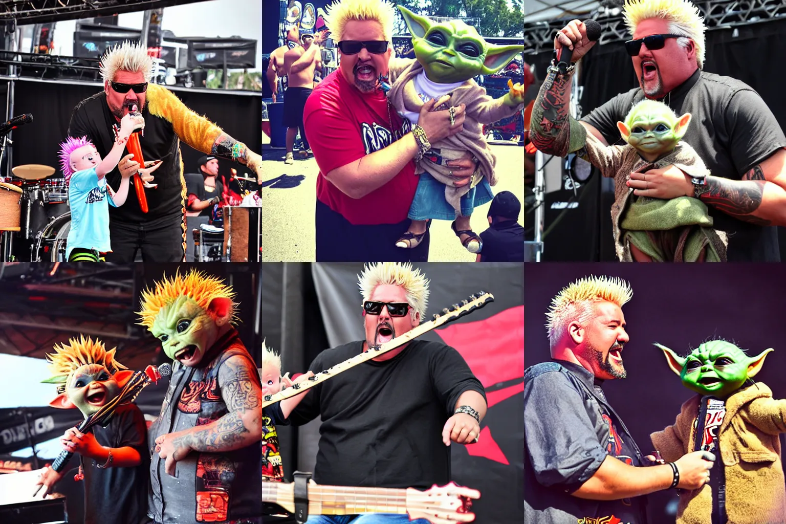 Prompt: guy fieri and baby yoda duet at warped tour