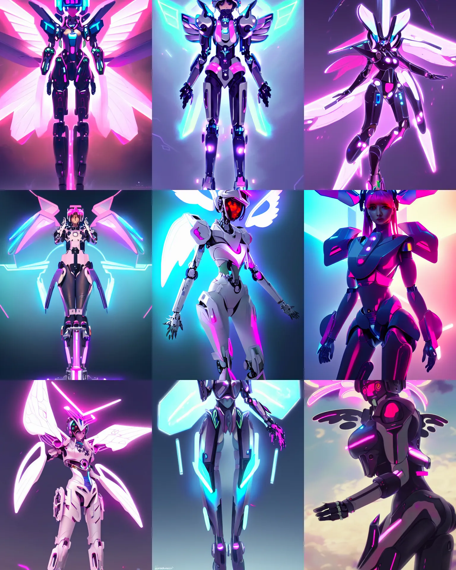 Prompt: uncropped idol Feminine mecha (with futuristic jet armor and wings) with a heart visor helmet, symphogear, full body character portrait, neon hologram accents, hi-tech, trending on Artstation, digital painting, concept art, sharp focus, illustration, art by WLOP and Greg Rutkowski