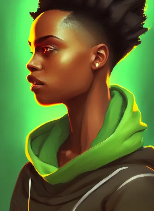Prompt: photographic portrait of an handsome young black woman with a mohican haircut and green eyes in a back hoodie, flat lighting, elegant, highly detailed, digital painting, artstation, concept art, sharp focus, star wars, illustration, art by makoto shinkai