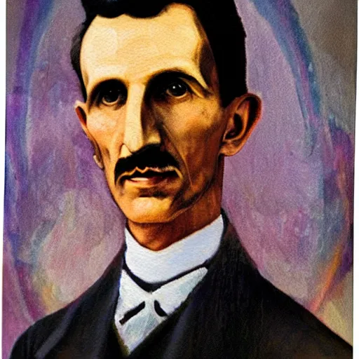 Prompt: painting of nikola tesla, backround of electric bolts