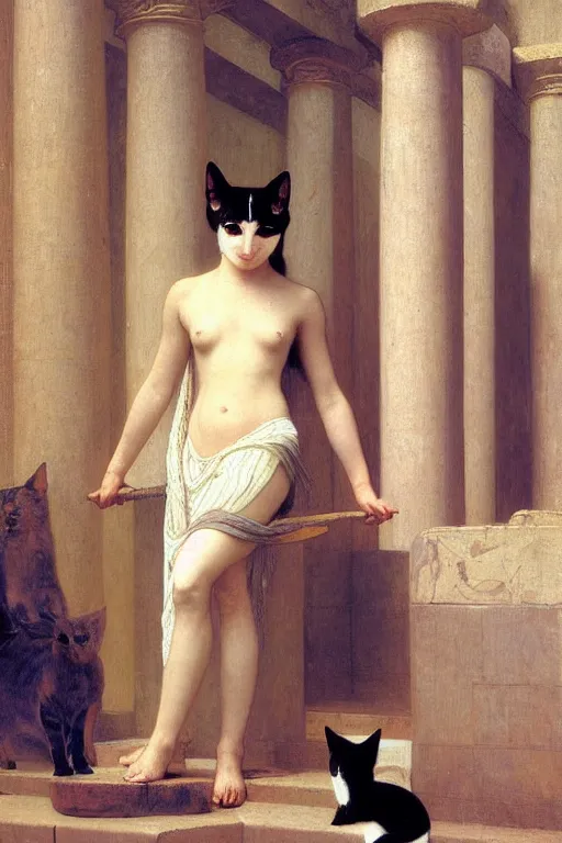 Image similar to bastet, in an egyptian temple, painting by william adolphe bouguereau