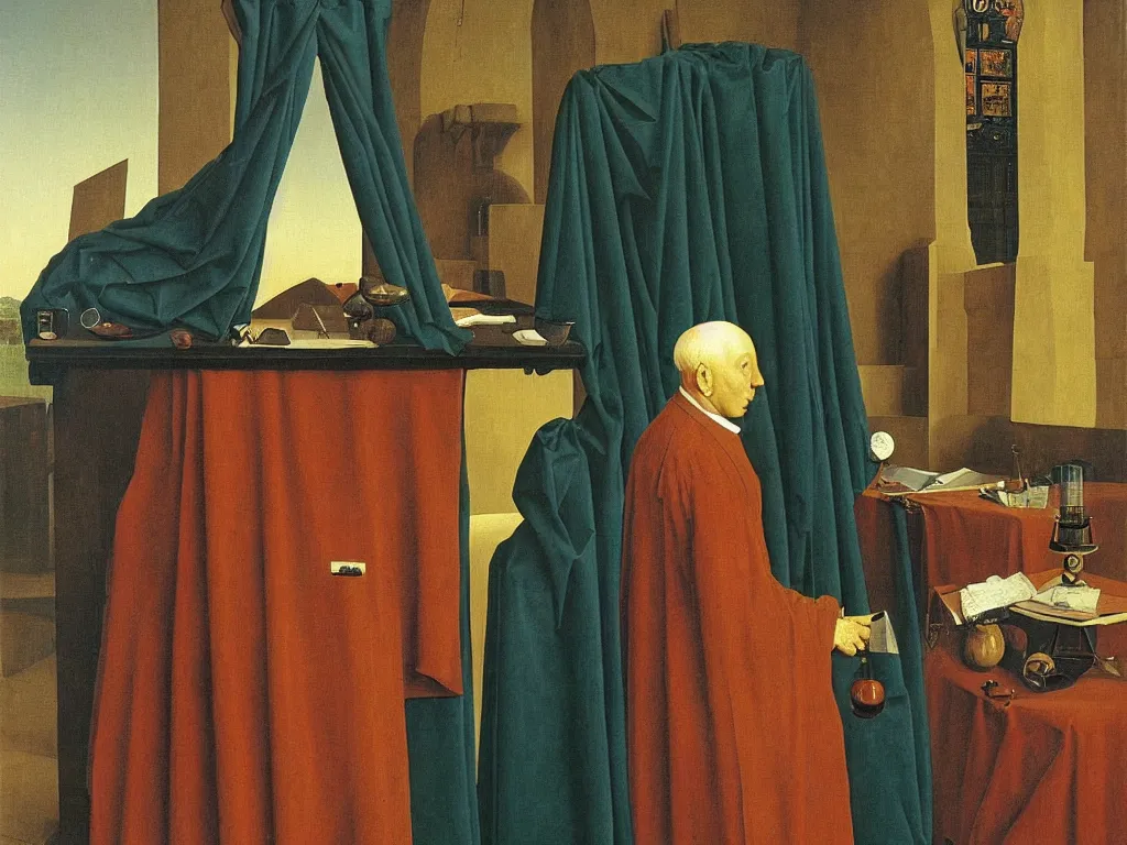 Prompt: obituary for an alchemist. painting by jan van eyck, rene magritte