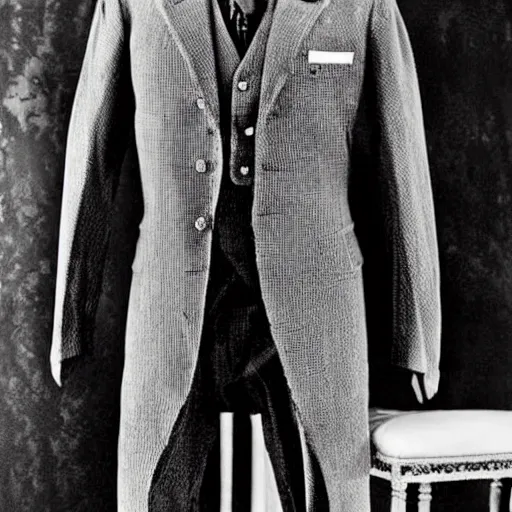 Image similar to stunning photograph of a three piece suit designed by edvard munch. award winning piece of fashion. studio lighting