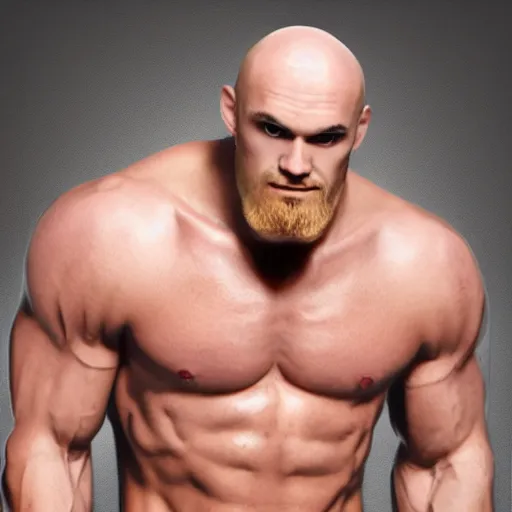 Prompt: TechnoViking male with no shirt, large muscles, bald head, extended goatee, necklace chibi Funko Pop