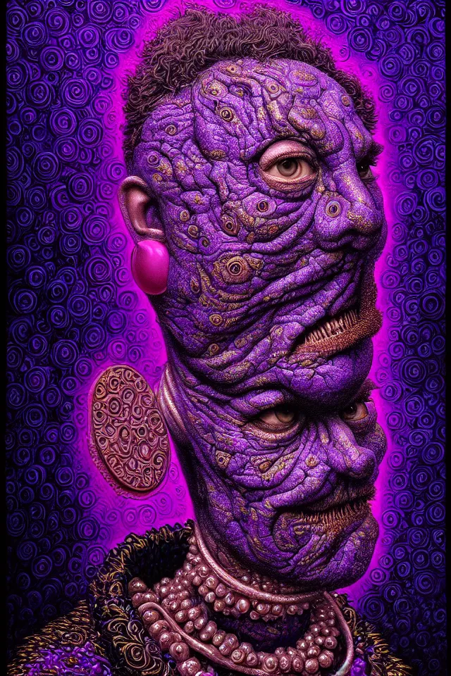 Prompt: bizarre purple blacklight detailed renaissance portrait of cookie monster as a highly detailed realistic real life person, dramatic cinematic lighting, 8 k, beautiful intricate painting by james r eads, ron mueck and tomasz alen kopera