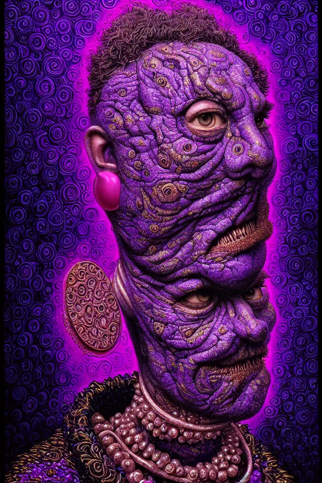 Image similar to bizarre purple blacklight detailed renaissance portrait of cookie monster as a highly detailed realistic real life person, dramatic cinematic lighting, 8 k, beautiful intricate painting by james r eads, ron mueck and tomasz alen kopera