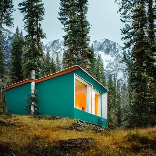 Image similar to wes anderson style modern futuristic house near the lake, snowy mountains and green forest, cinematic, realism, photo, detailed