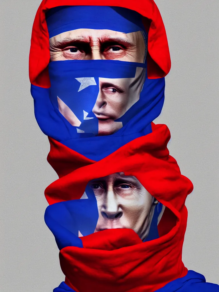 Image similar to body portrait of person in hoodie and red - blue - white bandana looking like vladimir putin in the style of gta game, 8 k super resolution