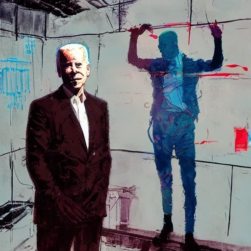 Image similar to Joe Biden full body portrait, Techwear, Cyberpunk, painting by Ralph Steadman, Francis Bacon, Hunter S Thompson