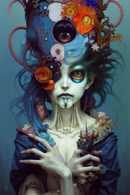 Image similar to portrait, patchwork doll, japanese gothic sytle, macabre horror, blue hour, expressive, asymmetrical art, hyperrealism, colorful, vivid, imposing, epic, abstract texture, artstation, concept art, by peter mohrbacher and wlop and rhads and artgerm and magali villeneuve and alphonse mucha