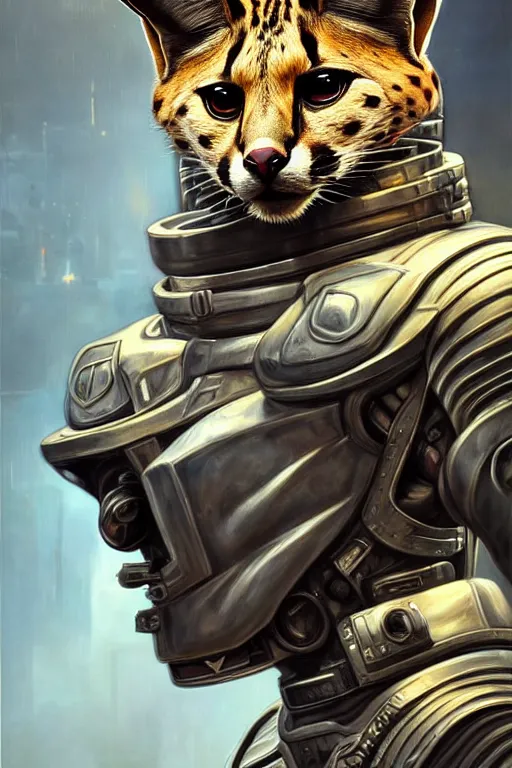Image similar to a portrait of a muscular anthropomorphic cyberpunk serval in spacesuit armor with ensignia on chest plate by sandra chevrier, by jon foster, detailed render, post - processing, extremely hyperdetailed, intricate, epic composition, cybernetics, 4 k realistic, cryengine, realistic shaded lighting, sharp focus, masterpiece, by enki bilal
