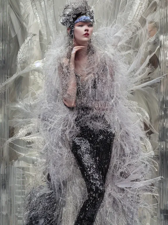 Image similar to realistic 3d character render of a beautiful model in the bergdorf goodman windows, veiled, embellished sequined,feather-adorned,by tom bagshaw,Cedric Peyravernay,William Holman Hunt,William Morris,Catherine Nolin,metropolis,Gucci,Dior,trending on pinterest,maximalist,glittering,feminine