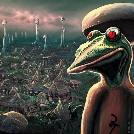 Image similar to A close up portrait of a scary godlike anthropomorphic frog smoking an anime cigarette , magic mushroom village in background . award winning. superb resolution. in the art style of junji Ito and greg rutkowski . Detailed Mushroom city in background. Hyper realistic anime. Perfect art. Dalle2