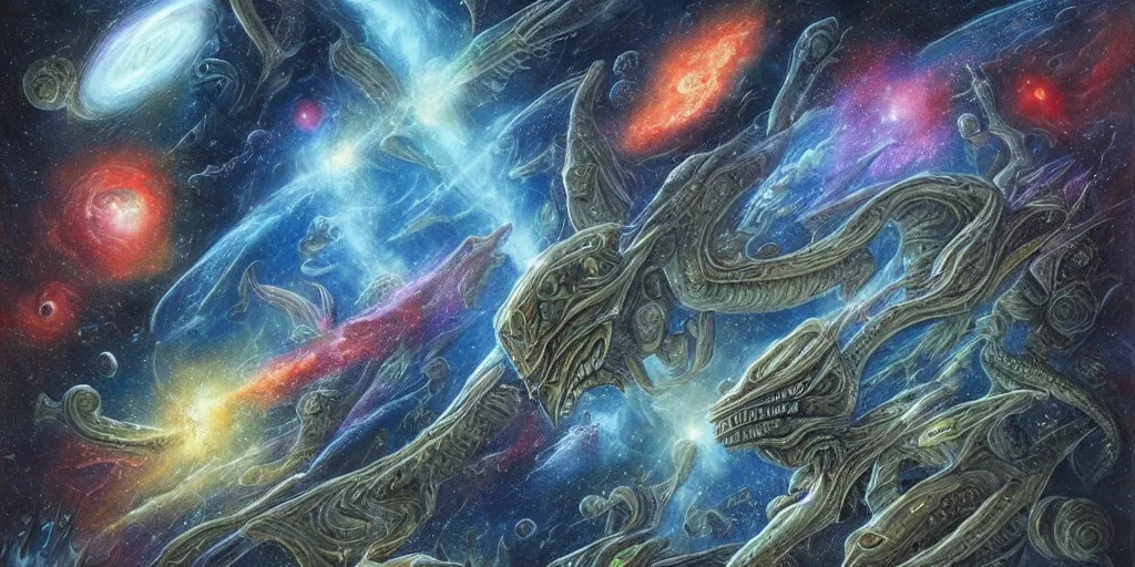 Image similar to alien dragons flying through outer space, epic nebula, asteroid belt, dan seagrave art