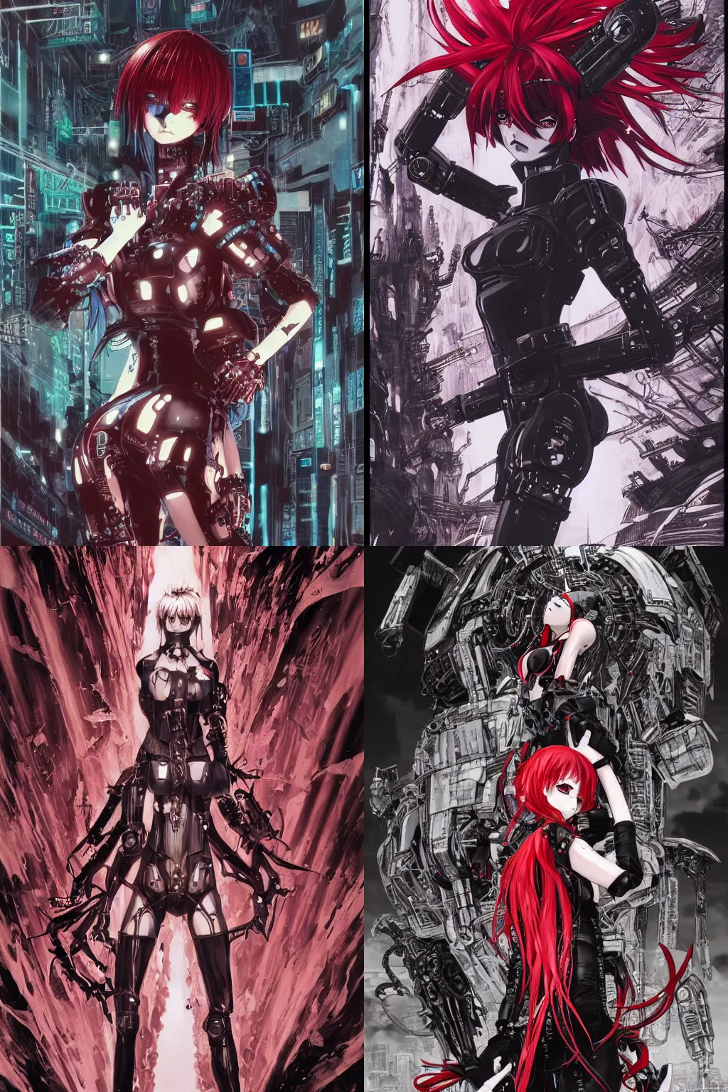 Prompt: highly detailed professional seinen mecha manga cover art of goth woman with red hair, red eyes, leather clothes, black makeup. chunibyo. horror action cyberpunk action manga cover promotional art. detailed intricate environment. pencils by ilya kuvshinov, painted by zdzislaw beksinski, inks & layouts by tsutomu nihei. blame!