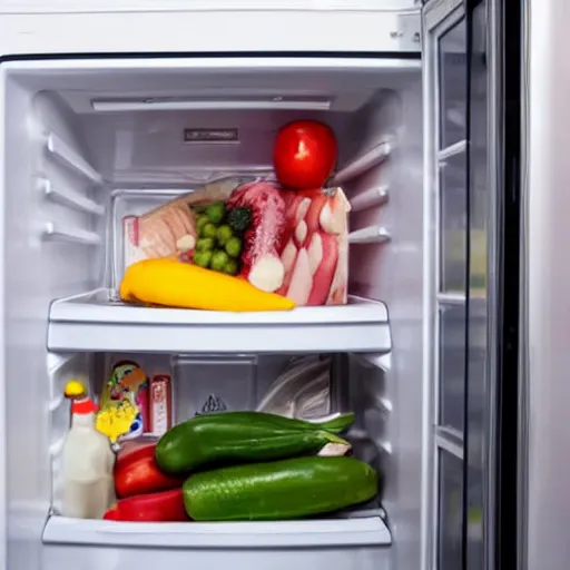 Prompt: man hiding inside of refrigerator