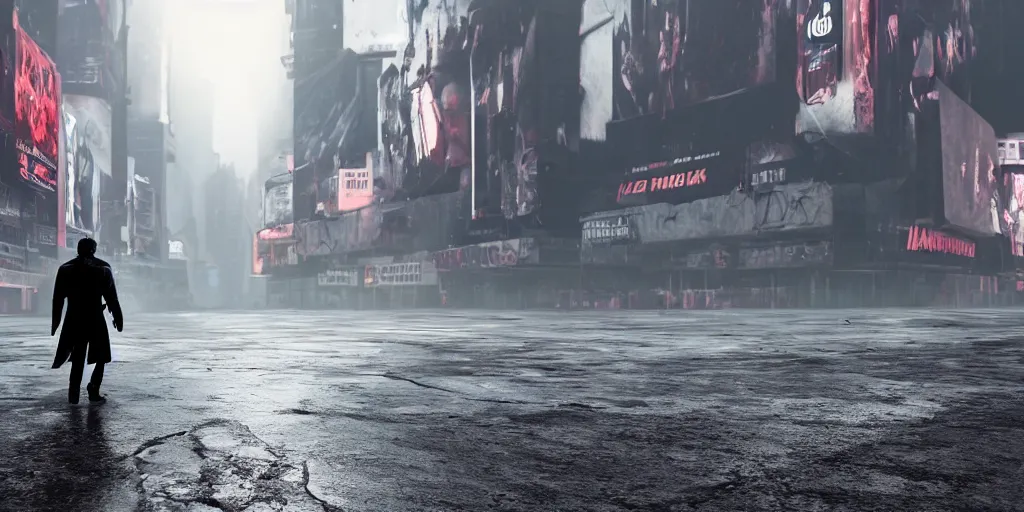 Image similar to a photo of darth vader walking in the empty streets of a post apocalyptic times square, 8 k, 3 d, octane render, realism, detailed, terror, sci - fi