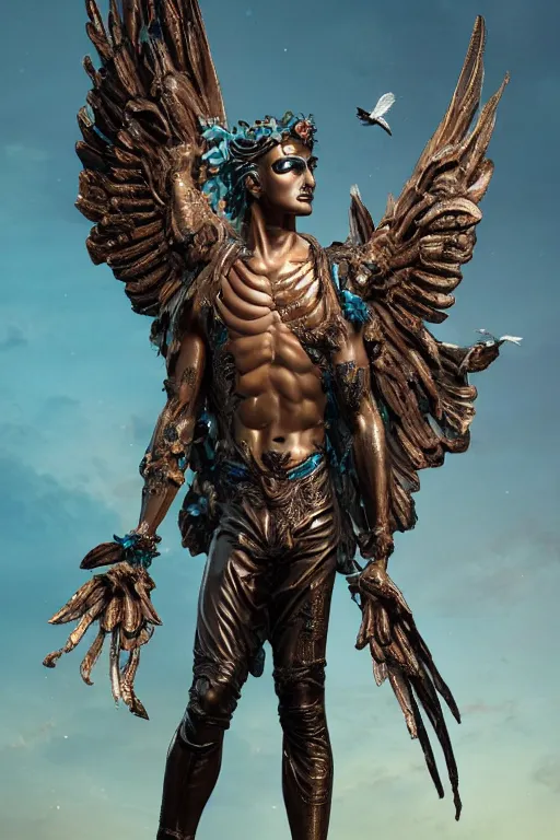 Prompt: a young handsome Latino prince in a full-body bronze cyberpunk style statue of Icarus with glowing blue eyes, crown of peach roses, flowing teal-colored silk, fabric, flowers. baroque elements, human skull. full-length view. baroque element. intricate artwork by caravaggio. many many birds birds on background. Trending on artstation, octane render, cinematic lighting from the right, hyper realism, octane render, 8k, depth of field, 3D
