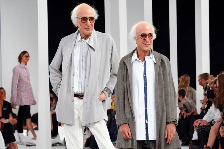 Image similar to Larry David posing on the catwalk fashion show Chanel, fashion week