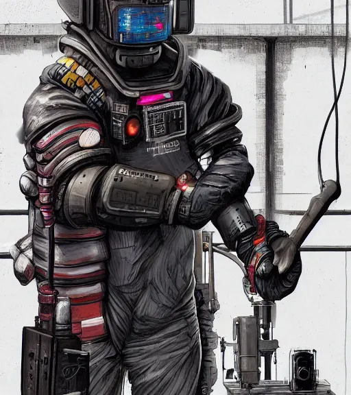 Image similar to realistic cyberpunk japanese engineer with long limbs and a black spacesuit welding a wall, techwear, dead space, visible face, Industrial Scifi, detailed illustration, character portrait, by Martin Grip and Moebius