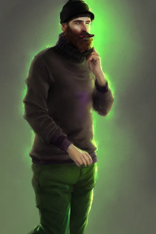 Image similar to a young man with a chin - style brown beard in black cap, light green turtleneck, purple pants and in a white sneakers, decorated, high fantasy, sharp focus, intricate, elegant, digital painting, artstation, matte, highly detailed, concept art, illustration, ambient lighting, art by bastien deharme