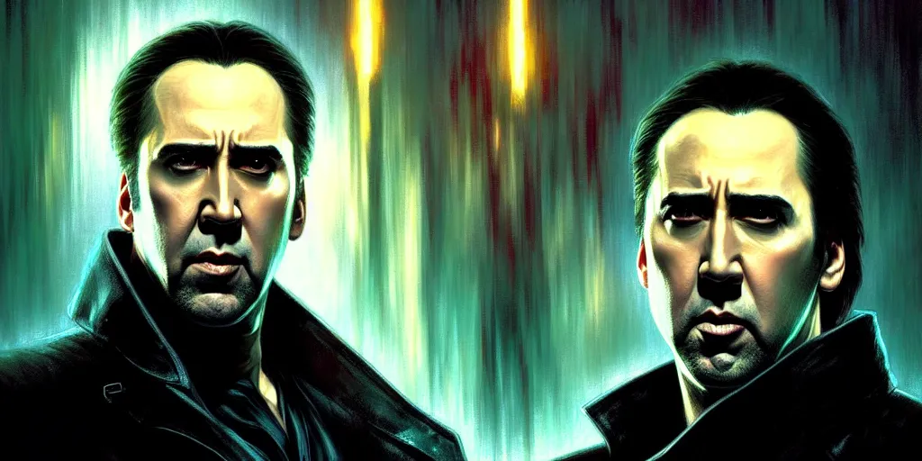 Image similar to nicholas cage as neo, the matrix, cinematic, highly detailed, digital painting, artstation, concept art, matte, sharp focus, illustration, art by artgerm and greg rutkowski and alphonse mucha