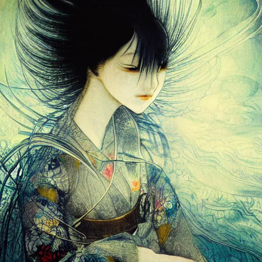 Image similar to yoshitaka amano blurred and dreamy realistic illustration of a japanese woman with black eyes, wavy white hair fluttering in the wind wearing elden ring armor with engraving, abstract patterns in the background, satoshi kon anime, noisy film grain effect, highly detailed, renaissance oil painting, weird portrait angle, blurred lost edges, three quarter view