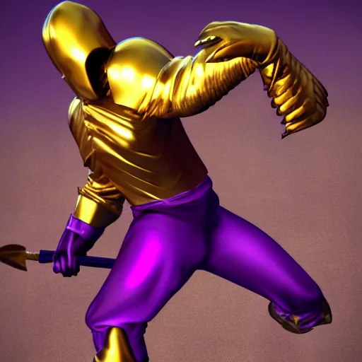 Prompt: gold knight fighting purple cougar, 3d render, honorable, cinematic, sharp