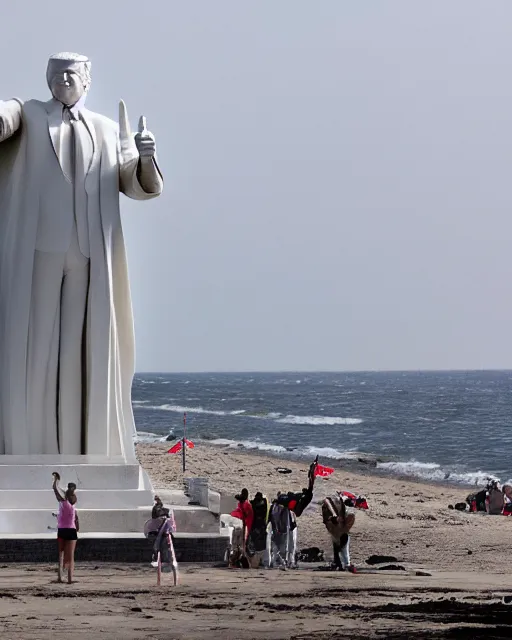 Image similar to a gigantic 400 foot tall white marble statue of president Donald trump giving his thumbs up sign, dwarfs onlookers on a beach, cinematic, post apocalyptic