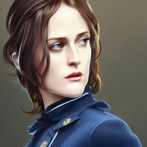 Image similar to full figure ultra realistic illustration, evan rachel wood wearing a futuristic navy blue pantsuit, brown straight hair, old west, intricate, elegant, highly detailed, digital painting, artstation, concept art, smooth, sharp focus, illustration, art by artgerm and greg rutkowski and alphonse mucha