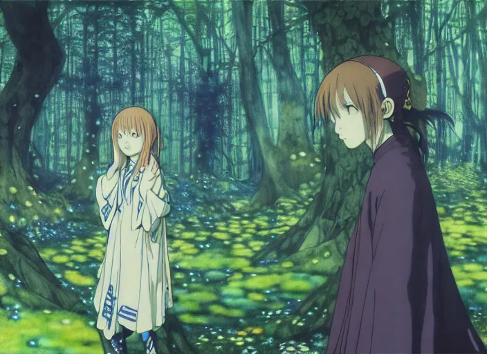 Prompt: the priestess in the forest, enchanted, magic, digital, concept art, Kyoto animation,last exile, blue submarine no. 6, katsura masakazu,tsutomu nihei, gustav klimt,loish, murata range, kawaii, studio lighting, manga, bright colors, anime,beautiful, 35mm lens,noir, vibrant high contrast, gradation, jean giraud, moebius, fantasy, rule of thirds, unreal engine, fibonacci, intricate, cel shaded, blender npr, flat, matte print, smooth, Ilya Kuvshinov