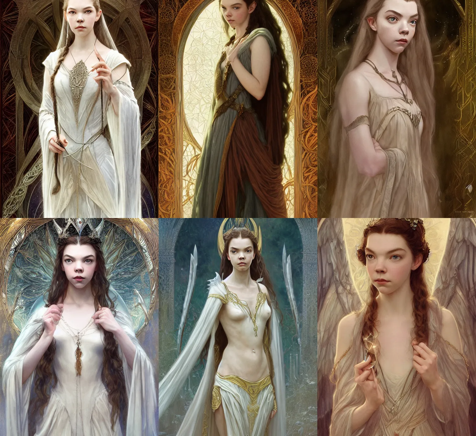 Prompt: anya taylor-joy as galadriel, intricate, elegant, highly detailed, digital painting, artstation, concept art, smooth, sharp focus, illustration, art by rutkowski, aleksi briclot, mucha, orientalism, bouguereau