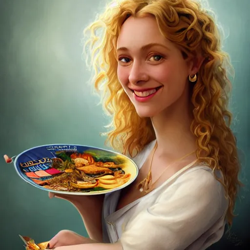 Image similar to epic portrait an poster showing an waitress holding a plate of food and smilling, curly blonde hair, pretty face, glossy skin, digital painting, artstation, concept art, soft light, hdri, smooth, sharp focus, illustration, fantasy, intricate, elegant, highly detailed, D&D, matte painting, in the style of Greg Rutkowski and Alphonse Mucha and artemisia, 8k, highly detailed, jurgens, rutkowski, bouguereau, pastoral, rustic, georgic