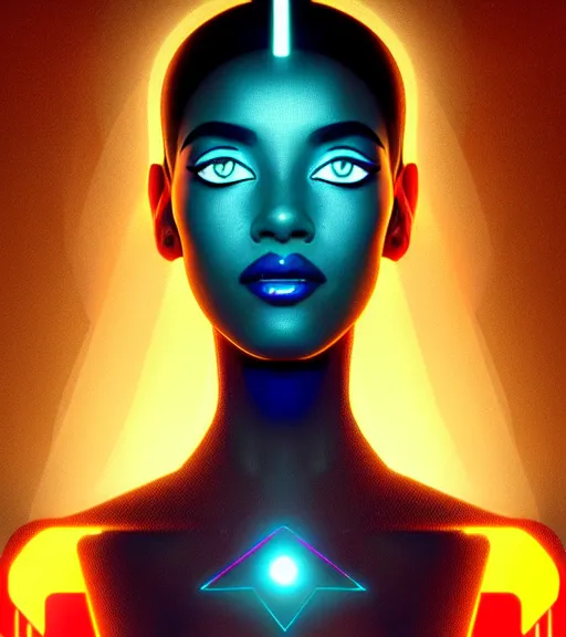 Image similar to symmetry!! egyptian princess of technology, solid cube of light, hard edges, product render retro - futuristic poster scifi, lasers and neon circuits, brown skin gorgeous egyptian princess, intricate, elegant, highly detailed, digital painting, artstation, concept art, smooth, sharp focus, illustration, dreamlike, art by artgerm