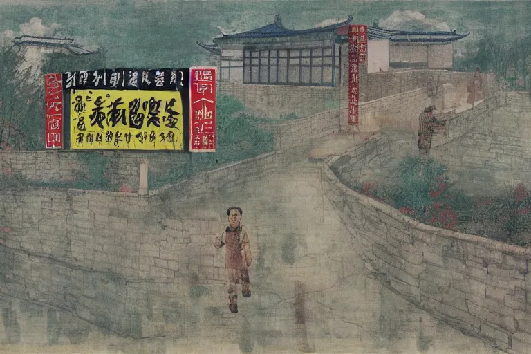 Image similar to a chinese prison near a river by peter doig, overlaid with chinese adverts