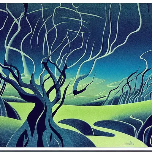 Prompt: a beautiful stunning landscape by eyvind earle