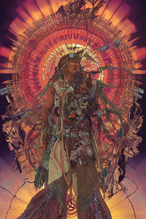 Image similar to serene scene of a futuristic apache medicine man telling stories around an electronic fire, by artgerm and yoshitaka amano and moebius and alphonse mucha, hyperdetailed, dc comics, ornate, nebula, explosions in the sky, trending on artstation