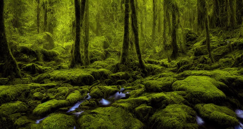 Image similar to deep inside the forest, stream, dramatic lighting, moss, ferns, epic, award winning photo by ansel adams, masterpiece, artstation