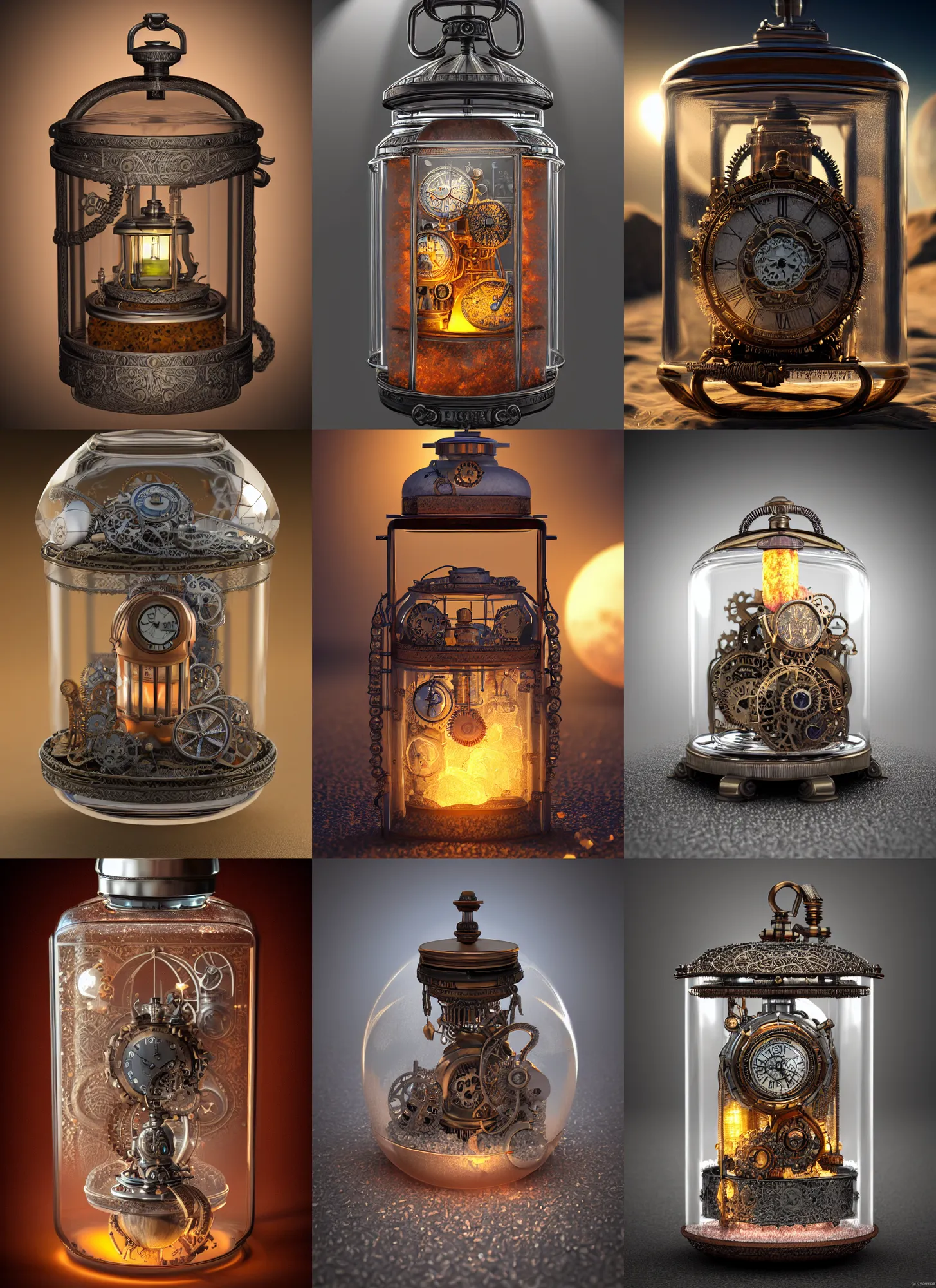 Prompt: steampunk himalayan rocksalt lamp pocketwatch inside a glass jar buried in sand, intricate detail, hyper detailed, ultra realistic, sharp focus, octane render, lantern, volumetric, ray tracing, artstation trending, moon, pocketwatch, cgsociety, sense of awe, swirling mist, moon, 4 k