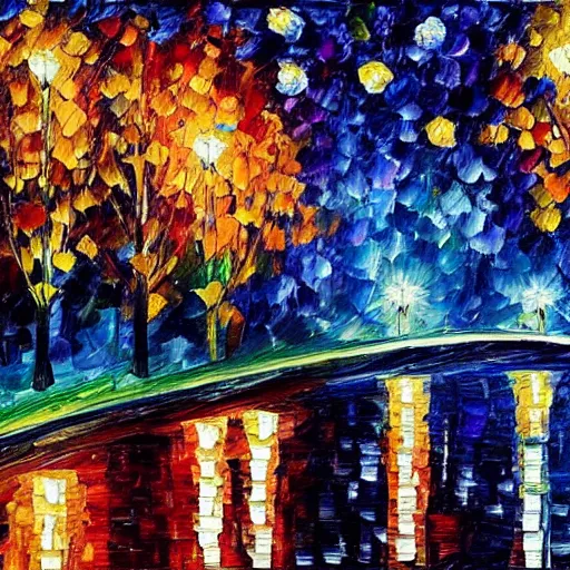 Prompt: starry night painting in the style of leonid afremov and georges seurat