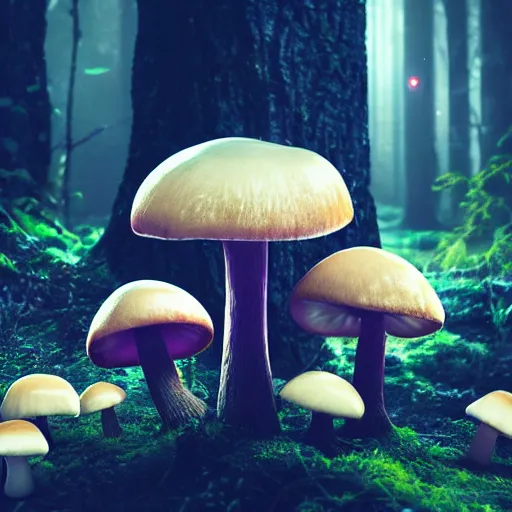 Image similar to glowing mushrooms in magical forrest, dark atmosphere, soft lighting, high detail, 8 k