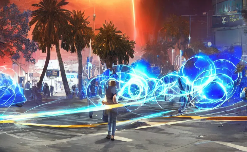 Image similar to people with posters attacking cops in front a huge blue spiral - shaped bright white luminous attractor that is floating and stores in los angeles with light screens all over the street, concept art, art for the game, professional lighting, night lighting from streetlights