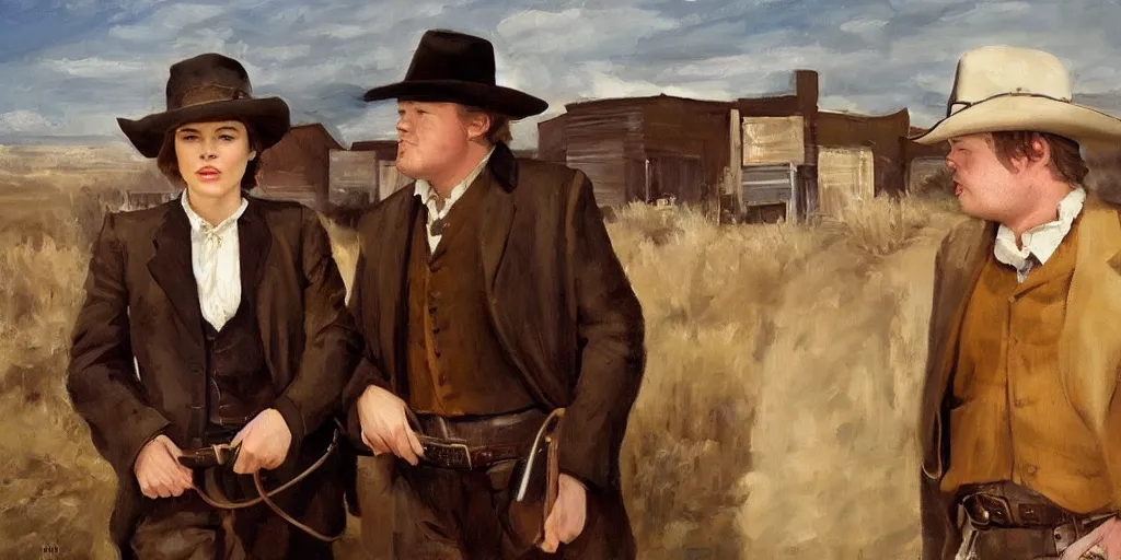 Image similar to oil painting of Phillip Seymour Hoffman as an old west banker and Mila Jovovich in a busy old west town