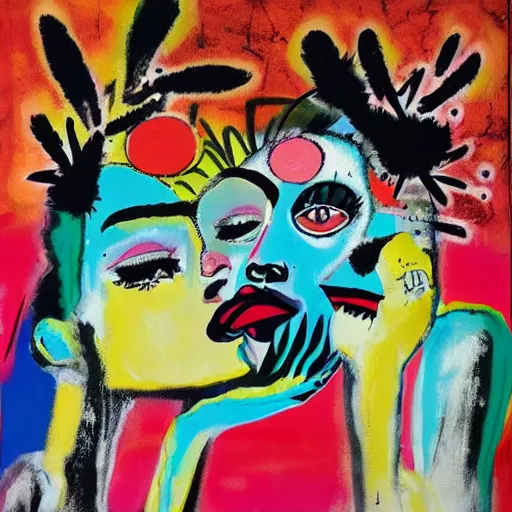 Image similar to acrylic painting of two bizarre psychedelic goth women kissing in japan in spring, speculative evolution, mixed media collage by basquiat and jackson pollock, maximalist magazine collage art, sapphic art, psychedelic illustration