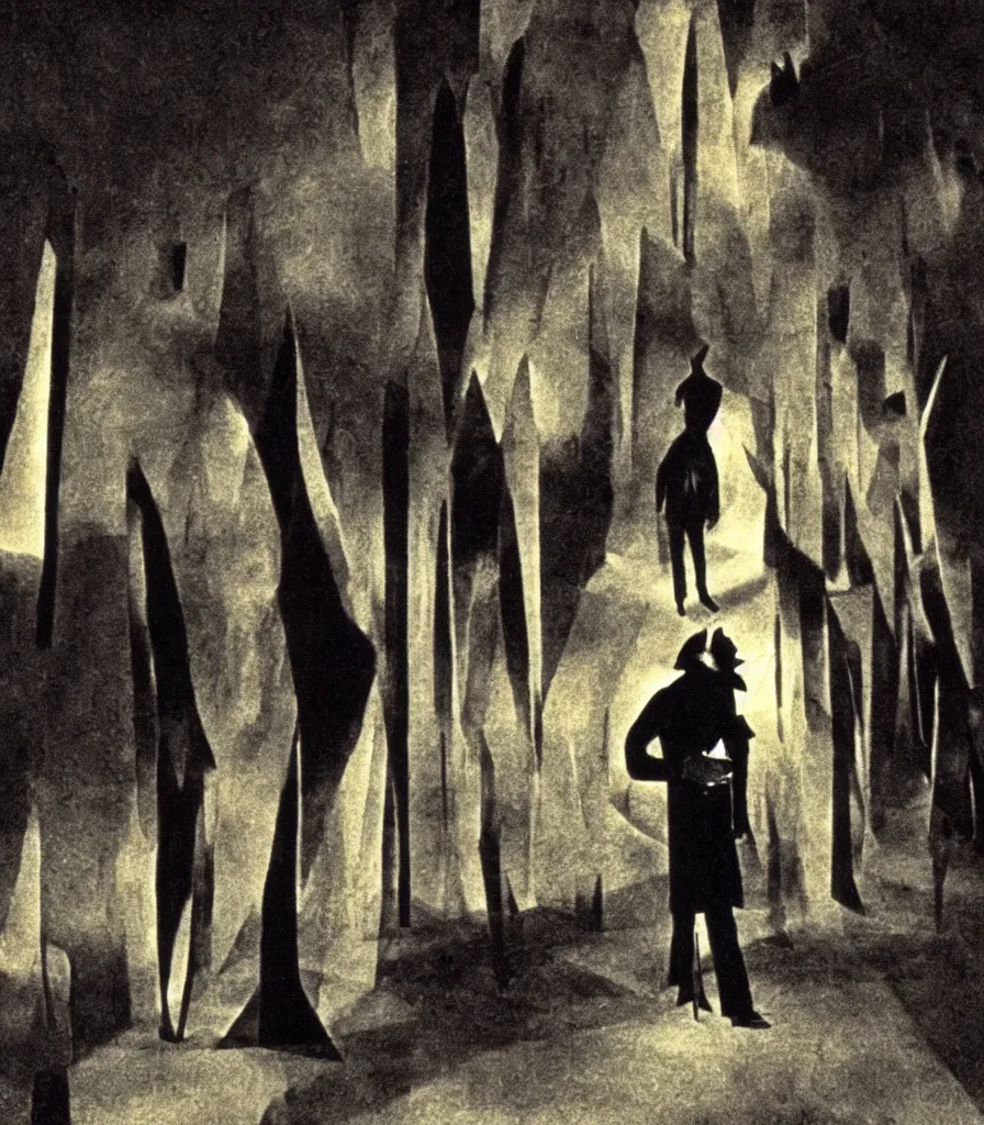 Prompt: colorized movie still from Cabinet of Doctor Caligari: a bloody handed murderer walking alone at night, silent movie (surreal), iridescent color palette