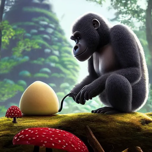 Image similar to a wholesome animation key shot of a small gorilla holding a amanita muscaria, chilled out smirk on face, driving a jeep, studio ghibli, pixar and disney animation, sharp, rendered in unreal engine 5, anime key art by greg rutkowski, bloom, dramatic lighting