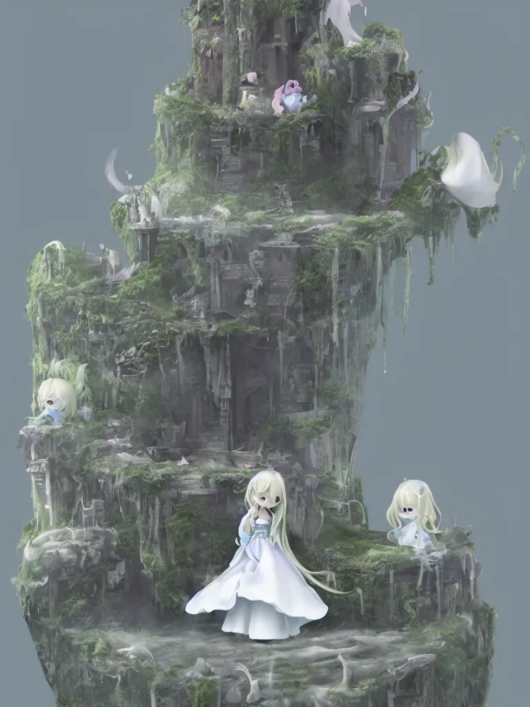 Image similar to cute fumo plush of a princess girl in a tower on a tiny island which she lays sole claim to, selfish empress of the abyss, tempestuous waters, wisps of volumetric smoke and fog, gothic wraith maiden in tattered white dress, floating island, vignette, vray