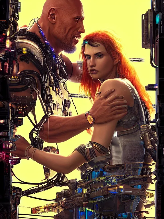 Image similar to a cyberpunk 2077 portrait of Dwayne Johnson hug a female android , complex mess of cables and wires behind them connected to giant computer, love,film lighting, by laurie greasley,Lawrence Alma-Tadema,William Morris,Dan Mumford, trending on atrstation, full of color, mythological, high detailed,golden ratio,cinematic lighting