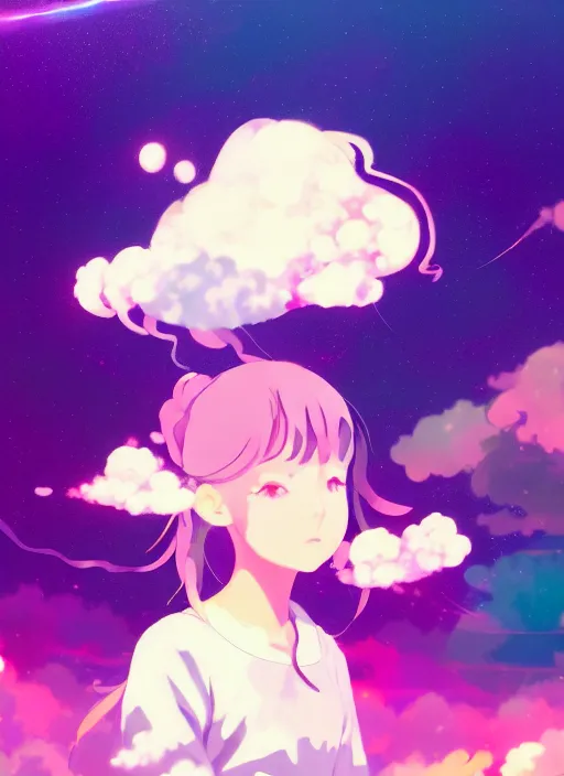 Image similar to portrait of a very cute girl blowing a vape cloud of psychedelic galaxies, white background, illustration concept art anime key visual, very trippy and abstract, trending pixiv fanbox by wlop and greg rutkowski and makoto shinkai and studio ghibli and kyoto animation